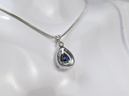 Blue Sapphire Pear Shaped Necklace Pendant - Teardrop Blue and White Sapphire Necklace Charm
