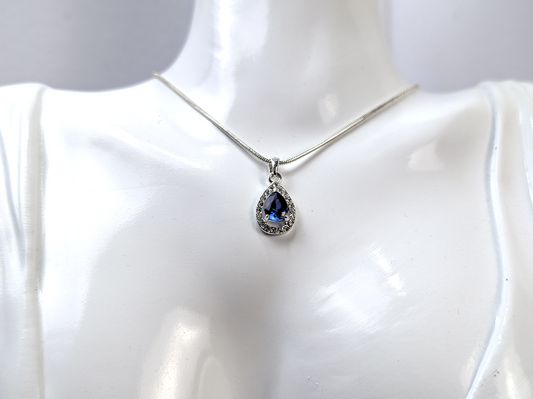 Blue Sapphire Pear Shaped Necklace Pendant - Teardrop Blue and White Sapphire Necklace Charm