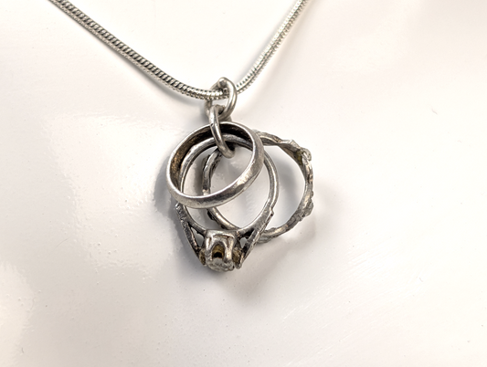 Vintage Sterling Silver Three Ring Bracelet Charm- Wedding Ring Trio Necklace Pendant