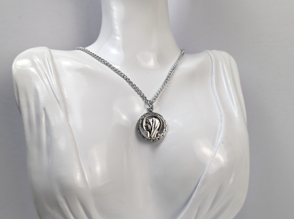 Portrait of The Virgin Mary Silver Toned Religious Necklace - Aluminum Hong Kong Stamped Mary Necklace