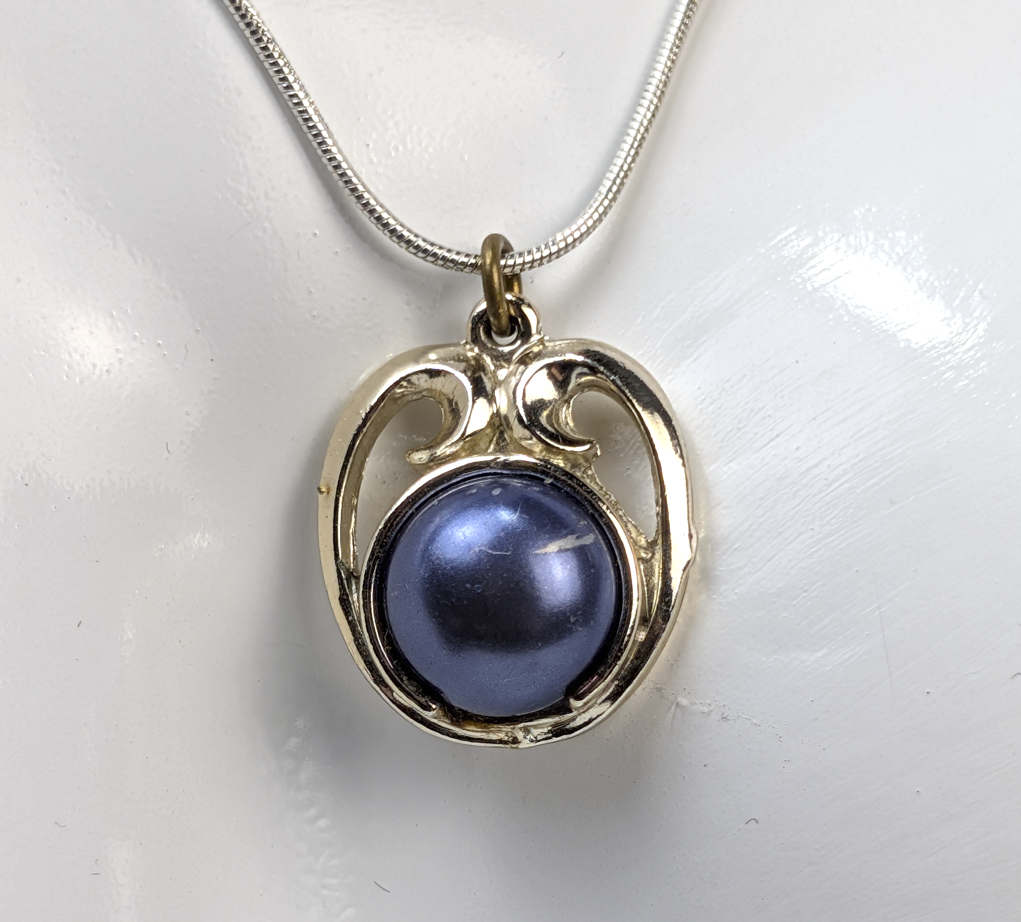 Vintage 1950s Silver Tone Open Scroll Pendant Pat No 2752764 - Magnetic Interchangeable Faux Blue Pearl Charm Mid Century Costume Jewelry