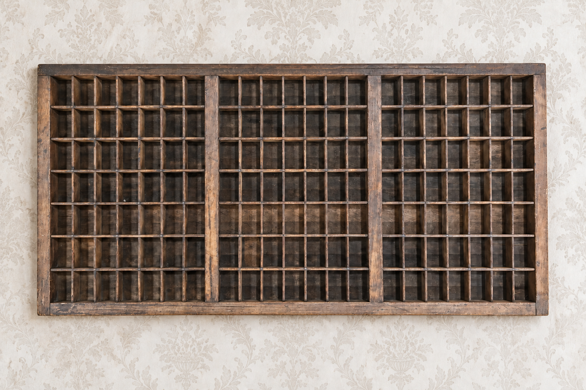 19th Century Letterpress Type Cabinet Drawer Engraver Roman 6pt - Vintage Wooden Shadow Box Wall Frame 147 Pocket Printers Letter Tray