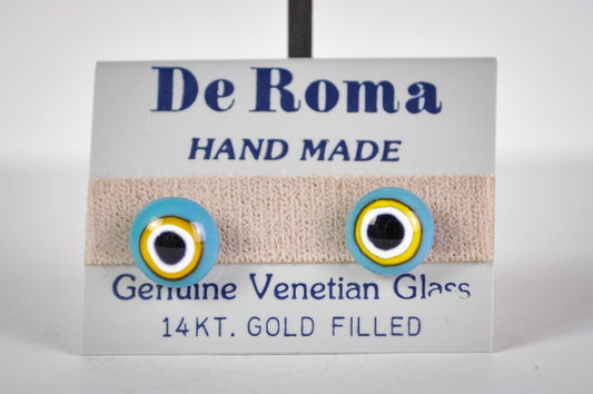 Vintage De Roma Venetian Glass Evil Eye Stud Earrings 14K Gold Filled - De Roma Handmade Genuine Venetian Glass Evil Eye Earrings 14KT GF