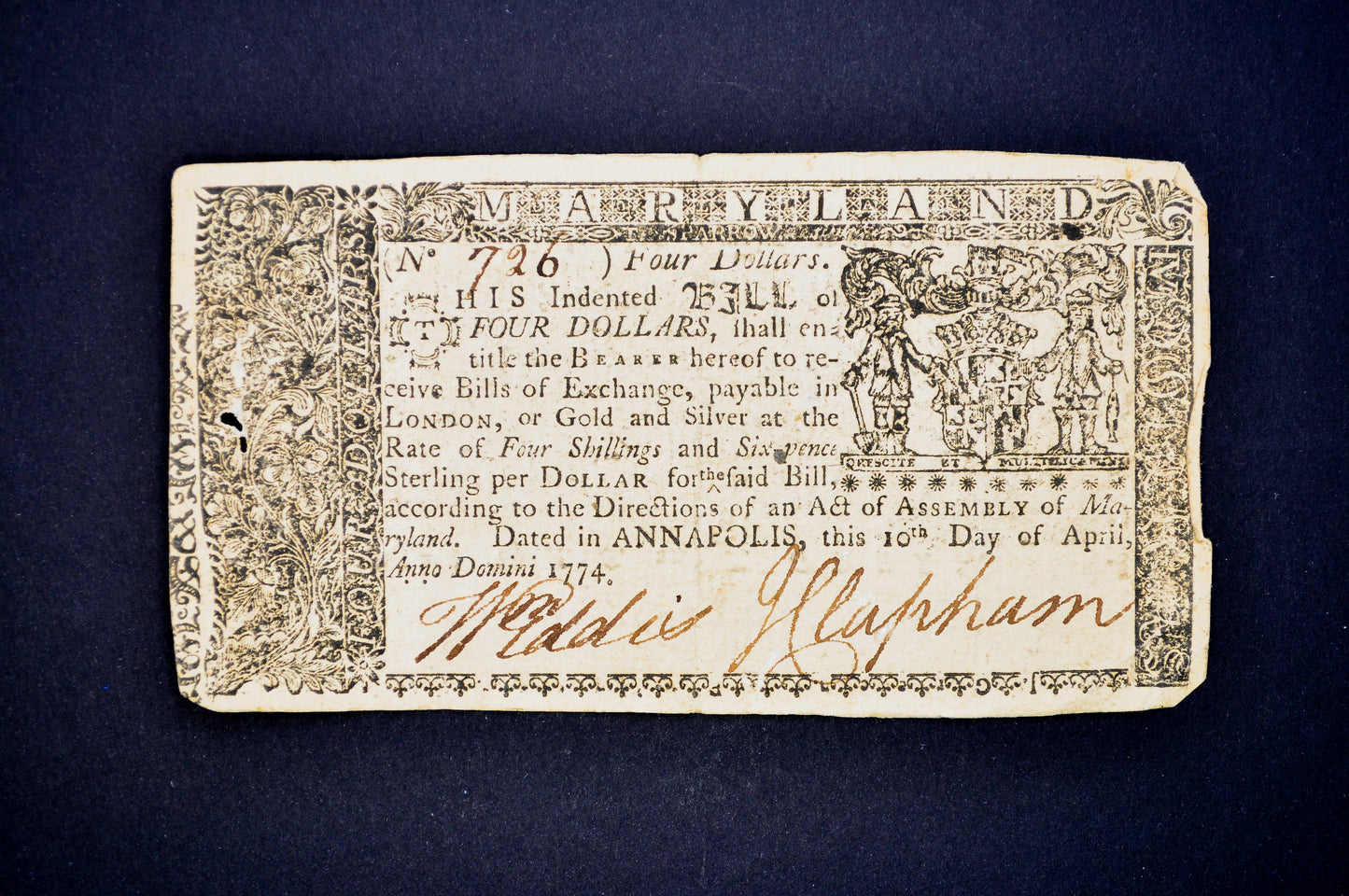 April 10th, 1774 Maryland Colony 4 Dollar Colonial Note - Colonial Currency - 1774 Colony of Maryland Four Dollar Banknote - MD-68