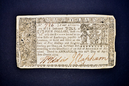 April 10th, 1774 Maryland Colony 4 Dollar Colonial Note - Colonial Currency - 1774 Colony of Maryland Four Dollar Banknote - MD-68