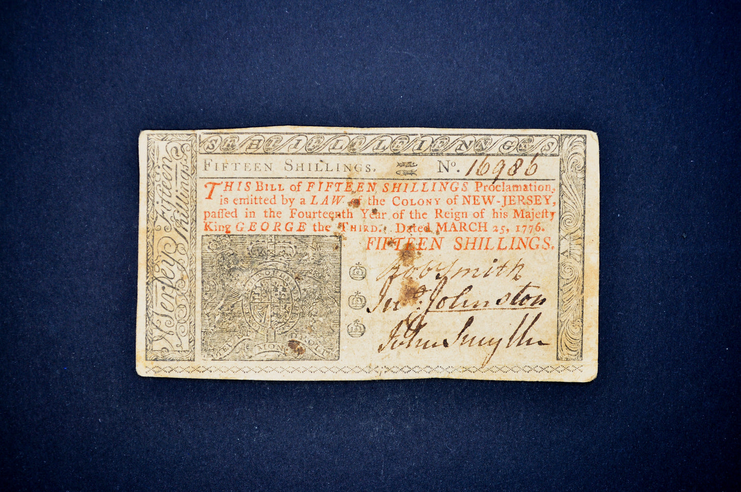 March 25th, 1776 New Jersey Colony 15 Shillings Note - Colonial Currency - 1776 Colony of New Jersey Fifteen Shillings Banknote - NJ-180