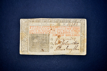 March 25th, 1776 New Jersey Colony 15 Shillings Note - Colonial Currency - 1776 Colony of New Jersey Fifteen Shillings Banknote - NJ-180