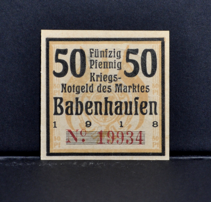 1918 Babenhausen Germany 50 Pfennig Notgeld - Rarer Cardboard Note - WWI German Emergency Currency - 1919 German Fifty Pfennig Note
