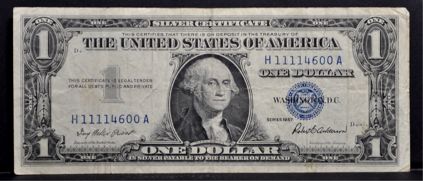 1957 Fancy Quad Repeater Serial Number 1 Dollar Silver Certificate - 11114600 - 1957 One Dollar Blue Seal Fancy Serial Note - Fr#1619