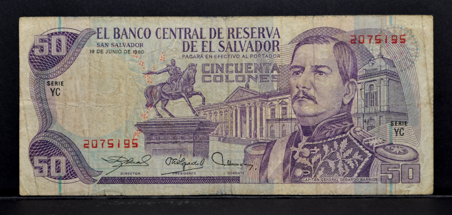 1980 El Salvador 50 Colones Note - RARE Series Type, Dec. 10th, 1980 Reverse Date - 1980 El Salvadorian Fifty Colones Banknote - P#131b