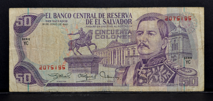 1980 El Salvador 50 Colones Note - RARE Series Type, Dec. 10th, 1980 Reverse Date - 1980 El Salvadorian Fifty Colones Banknote - P#131b
