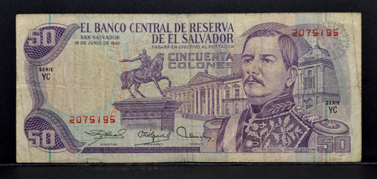 1980 El Salvador 50 Colones Note - RARE Series Type, Dec. 10th, 1980 Reverse Date - 1980 El Salvadorian Fifty Colones Banknote - P#131b