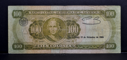 1980 El Salvador 100 Colones Note - RARE Series OZ, Dec. 10th, 1980 Reverse Date - 1980 El Salvadorian One Hundred Colones Banknote - P#133