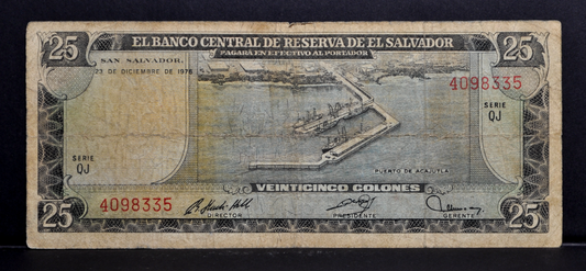1976 El Salvador 25 Colones Note - RARE Issue, Reverse Date November 8, 1979 - 1976/79 El Salvadorian Twenty-Five Colones Banknote - P#121