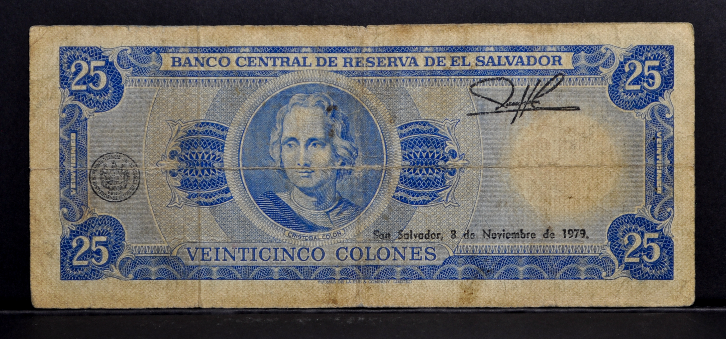 1976 El Salvador 25 Colones Note - RARE Issue, Reverse Date November 8, 1979 - 1976/79 El Salvadorian Twenty-Five Colones Banknote - P#121