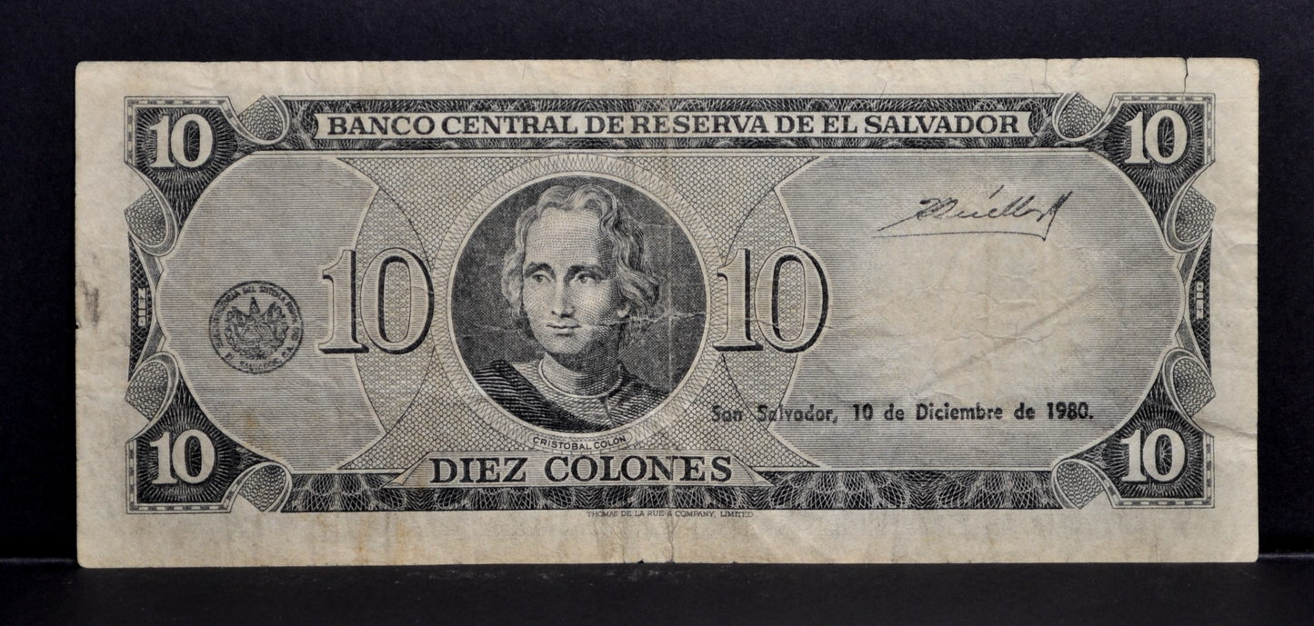 1980 El Salvador 10 Colones Note - Electric Serial Font, Replacement Note - 1980 El Salvadorian Ten Colones Banknote - P#129b