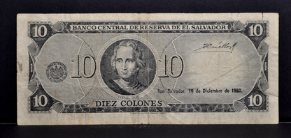 1980 El Salvador 10 Colones Note - Electric Serial Font, Replacement Note - 1980 El Salvadorian Ten Colones Banknote - P#129b