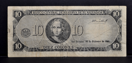 1980 El Salvador 10 Colones Note - Electric Serial Font, Replacement Note - 1980 El Salvadorian Ten Colones Banknote - P#129b