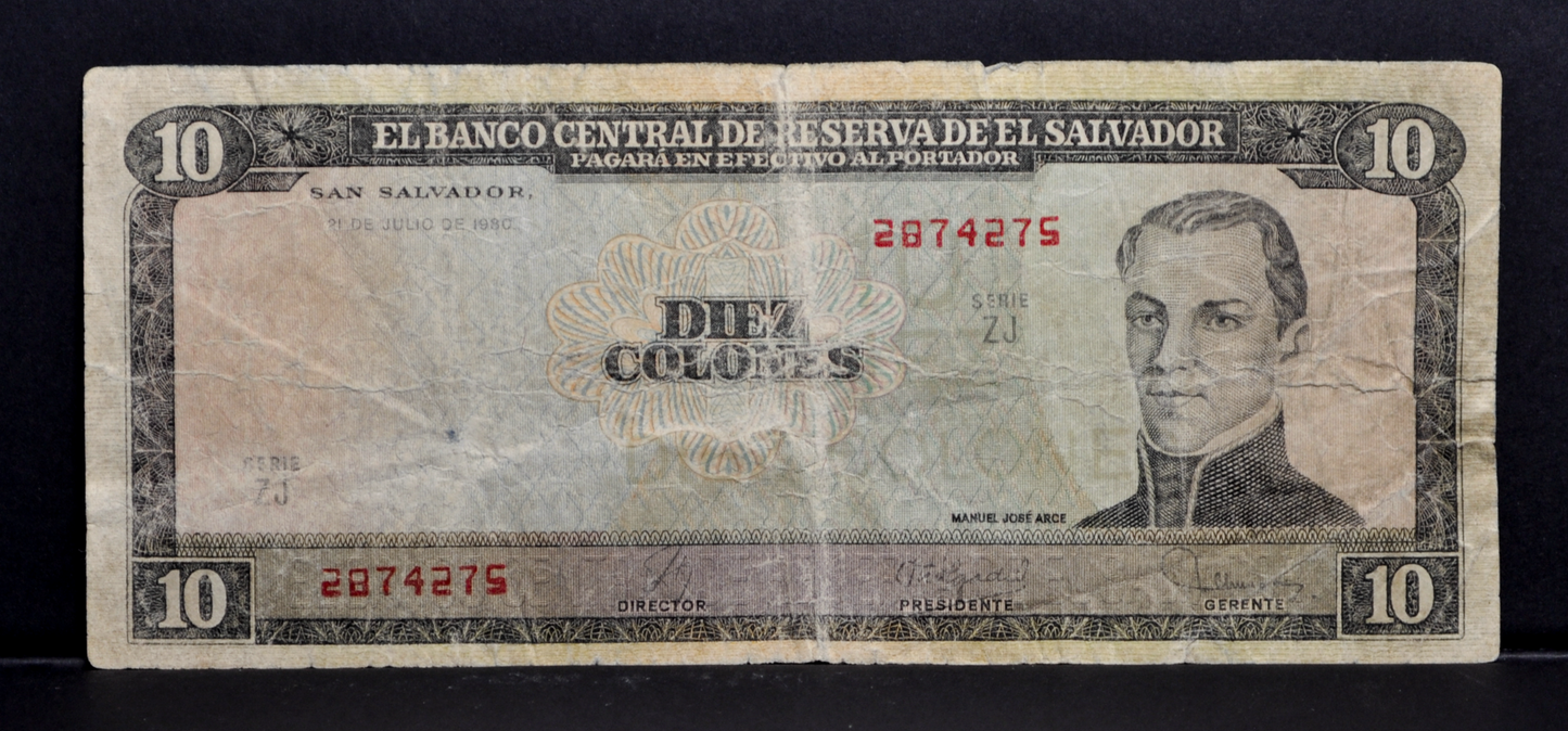 1980 El Salvador 10 Colones Note - Electric Serial Font, Replacement Note - 1980 El Salvadorian Ten Colones Banknote - P#129b
