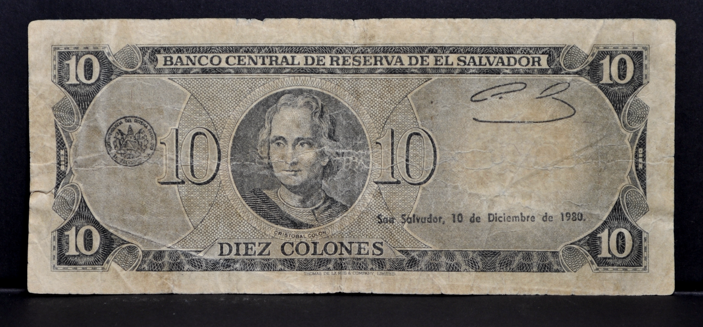 1980 El Salvador 10 Colones Note - Electric Serial Font, Replacement Note - 1980 El Salvadorian Ten Colones Banknote - P#129b