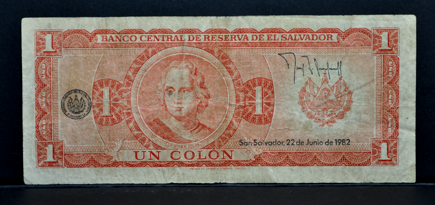 1982 El Salvador 1 Colon Note - Series GK, Reverse Dated June 22nd, 1982 - 1982 El Salvadorian One Colon Banknote - P#133a