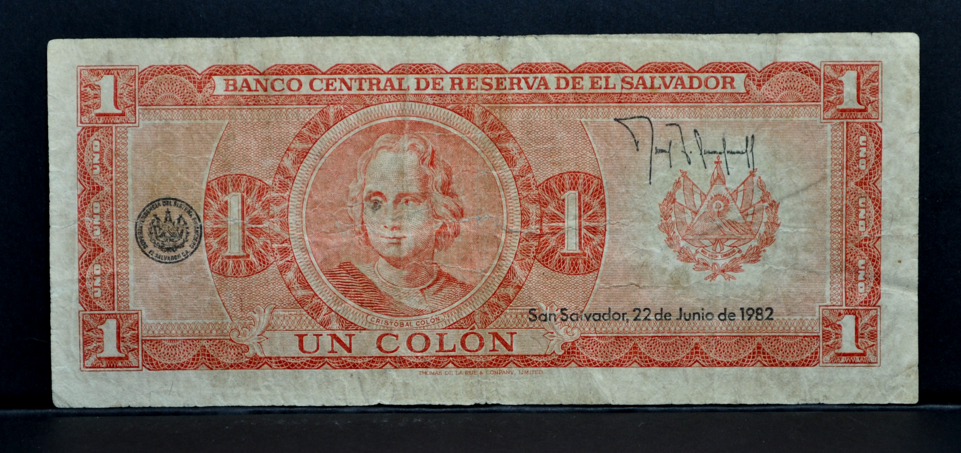 Colon Musical Note 1982 El Salvador 1 Colon Note - Series GK, Reverse Dated June 22nd, 19 ...