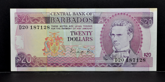 1988 Central Bank of Barbados 20 Dollar Banknote - K. King Signature - Almost Uncirculated (AU) - 1988 Barbados Twenty Dollars Note - P#39