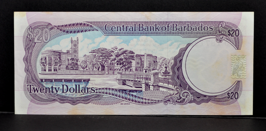 1988 Central Bank of Barbados 20 Dollar Banknote - K. King Signature - Almost Uncirculated (AU) - 1988 Barbados Twenty Dollars Note - P#39