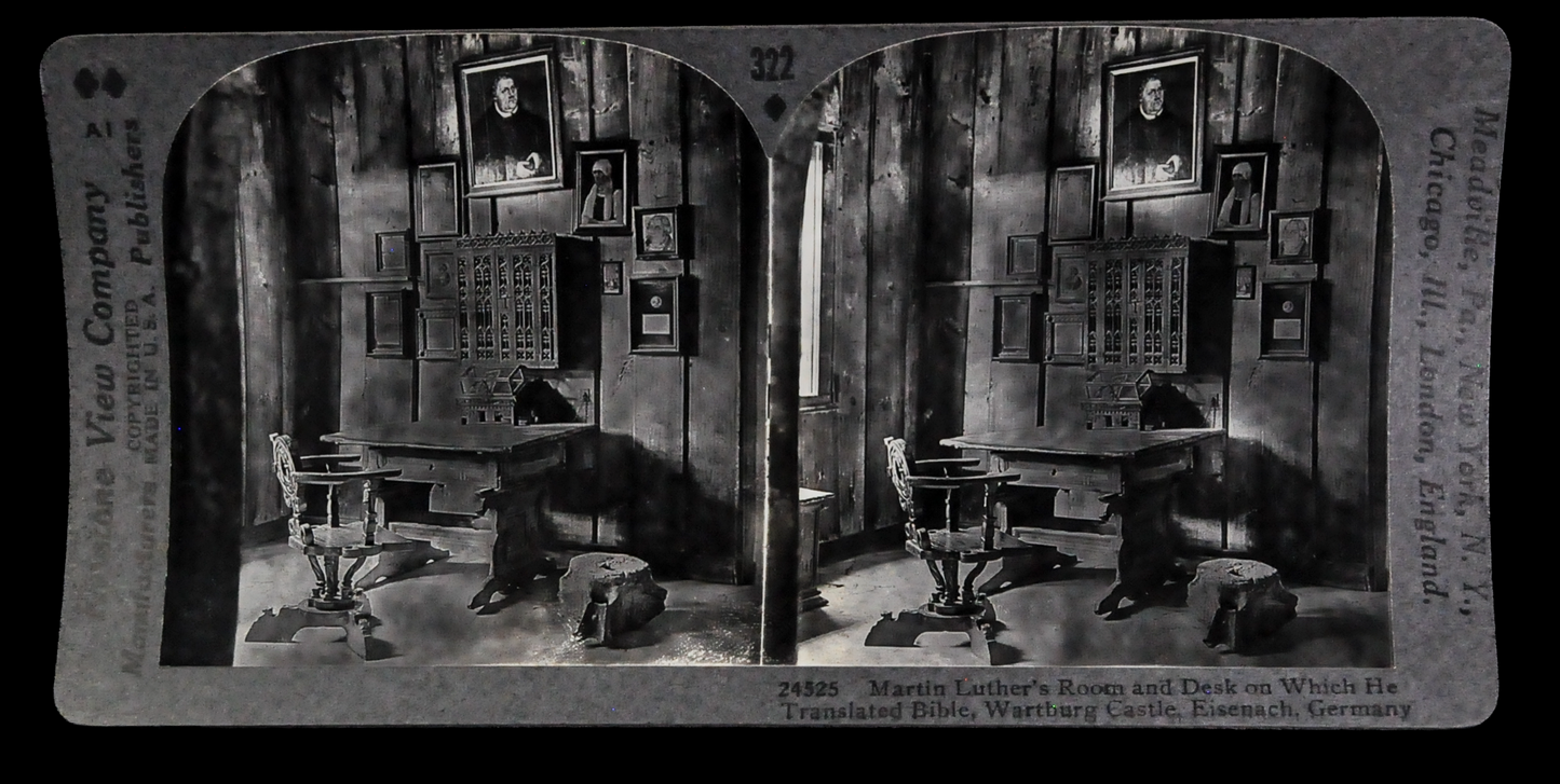 Antique Keystone Stereoview of Martin Luther's Room, Wartburg Castle, Germany - No. 24525 - 1920s Photograph Inside German Castle Stereoview