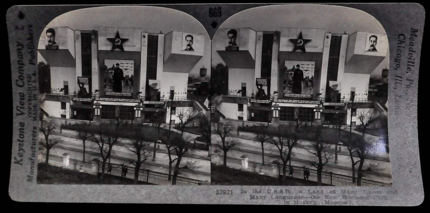 Antique Keystone Stereoview of the New Workers' Club, Moscow, USSR - No. 33921 - 1930s Russian Soviet Stalin Propaganda Stereoview