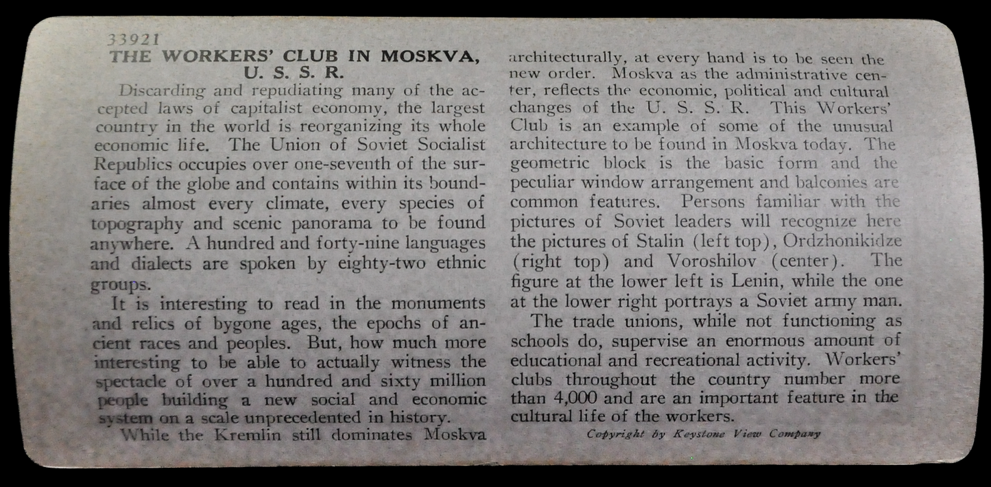 Antique Keystone Stereoview of the New Workers' Club, Moscow, USSR - No. 33921 - 1930s Russian Soviet Stalin Propaganda Stereoview