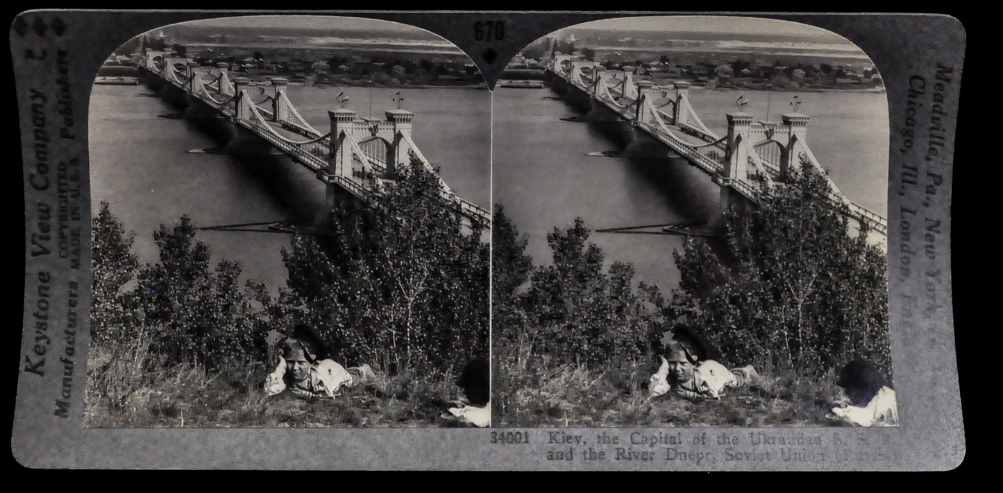 Antique Keystone Stereoview of the River Dnepr Bridge, Kiev, Soviet Ukraine - No. 34001 - 1930s USSR Kiev Ukrainian River Stereoview