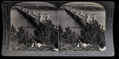 Antique Keystone Stereoview of the River Dnepr Bridge, Kiev, Soviet Ukraine - No. 34001 - 1930s USSR Kiev Ukrainian River Stereoview