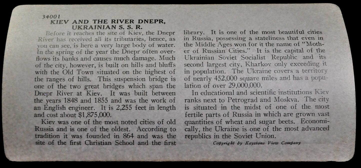 Antique Keystone Stereoview of the River Dnepr Bridge, Kiev, Soviet Ukraine - No. 34001 - 1930s USSR Kiev Ukrainian River Stereoview