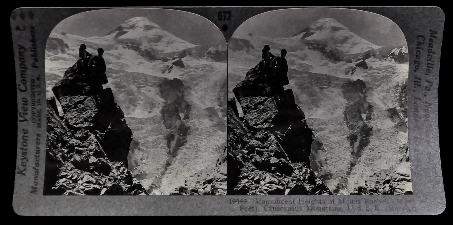 Antique Keystone Stereoview of Hikers at Mt. Kasbek, Caucasus Mountains, USSR - No. 19449 - 1930s Soviet Russia Mountains Stereoview