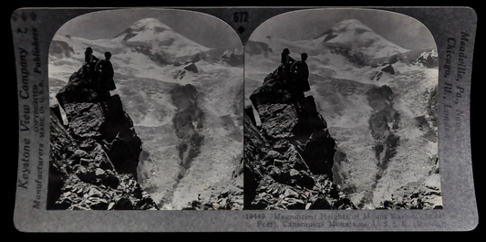 Antique Keystone Stereoview of Hikers at Mt. Kasbek, Caucasus Mountains, USSR - No. 19449 - 1930s Soviet Russia Mountains Stereoview