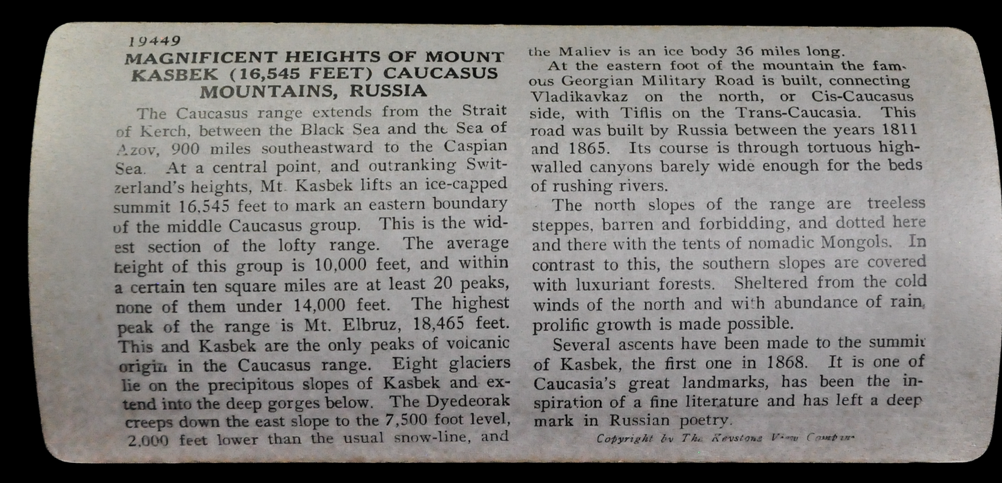 Antique Keystone Stereoview of Hikers at Mt. Kasbek, Caucasus Mountains, USSR - No. 19449 - 1930s Soviet Russia Mountains Stereoview