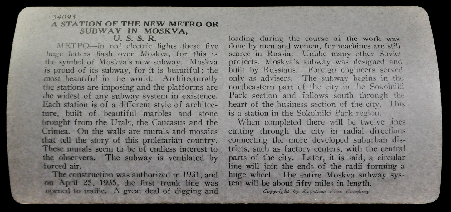 Antique Keystone Stereoview of New Soviet Metro Station, Moscow, Russia - No. 34093- 1930s Soviet Russia Subway Station Stereoview