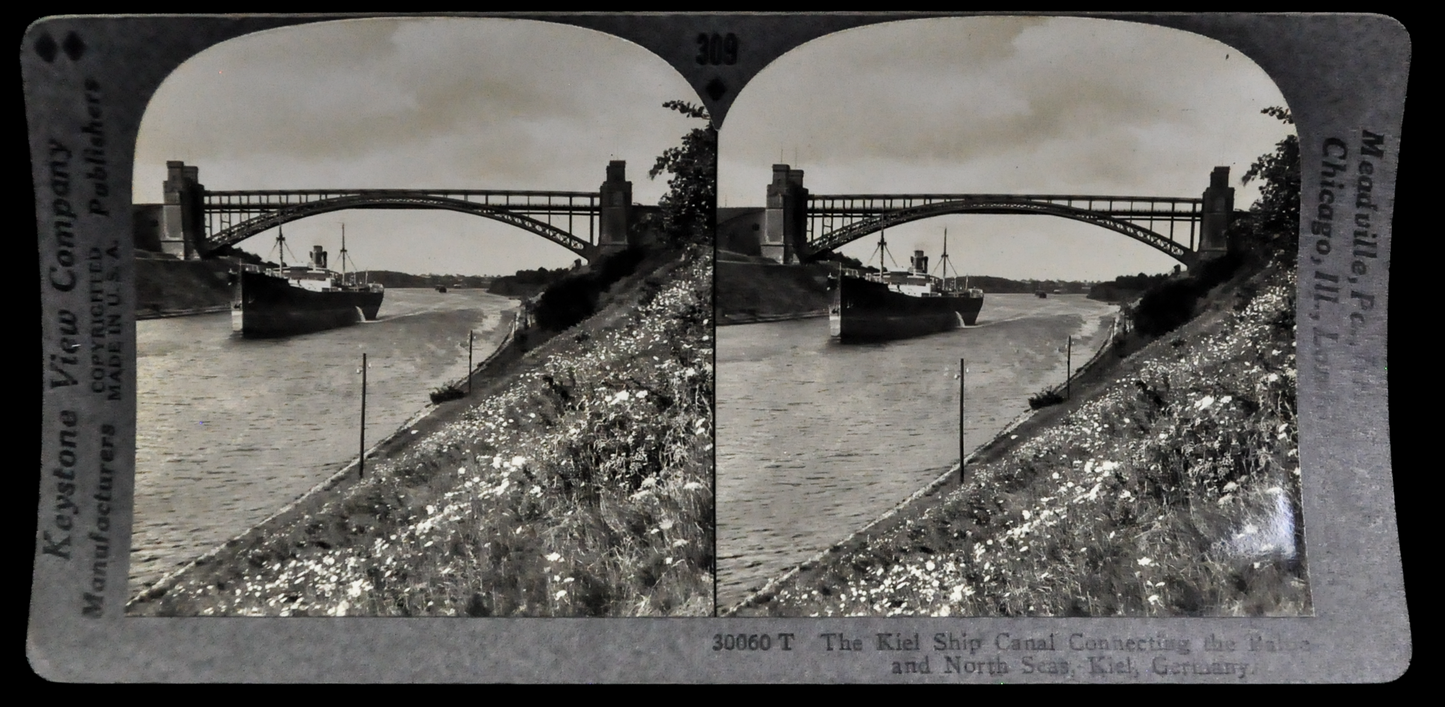 Antique Keystone Stereoview of the Kiel Ship Canal, Germany - No. 30060T - 1920s Rare World Tour Series German Canal Photo Card