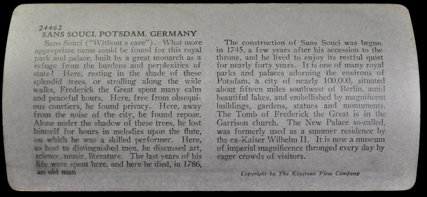 Antique Keystone Stereoview of Great Frederick's Refuge Potsdam Germany - No. 30059T - 1920s Rare World Tour Series German Castle Photo Card