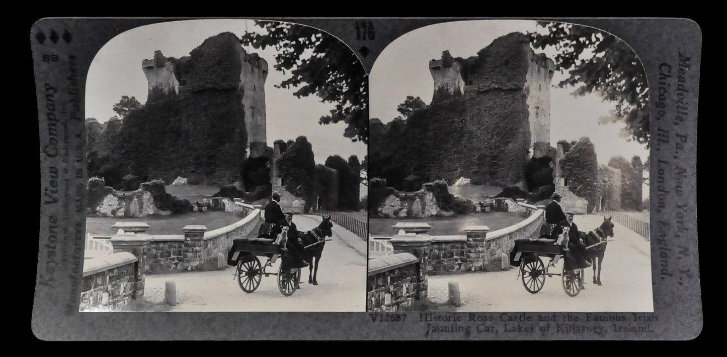 Antique Keystone Stereoview of Ross Castle and Irish Jaunting Car in Lakes of Killarney - V12687 - 1920s Historic Ireland Castle Stereoview