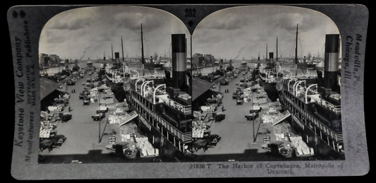 Antique Keystone Stereoview of Copenhagen Harbor, Denmark - No. 27830T - 1930s World Tour Series Copenhagen Ship Harbor Photo Card