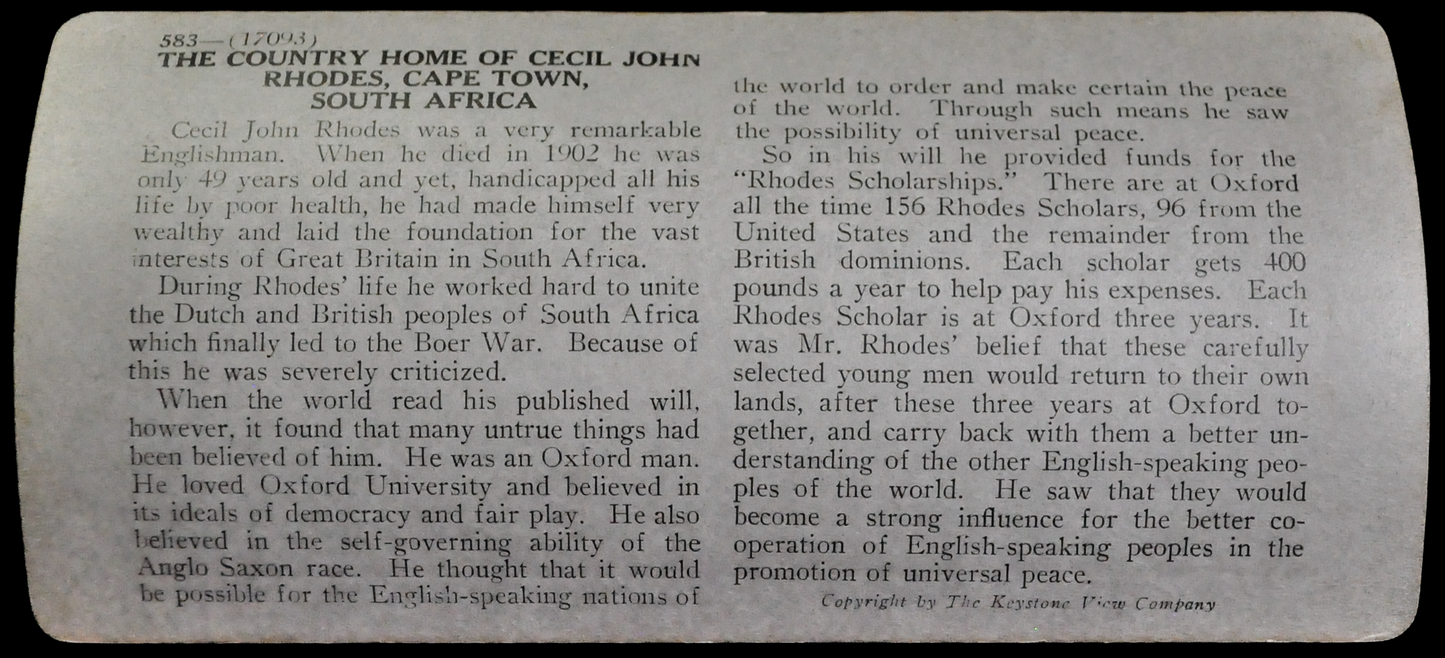 Antique Keystone Stereoview of Groot Schuur in Cape Town, South Africa - No. 20758T - 1930s World Tour Series Cecil Rhodes Home Photo Card