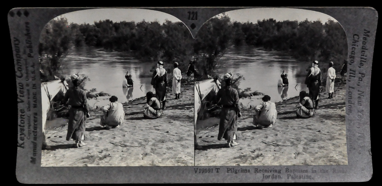 Antique Keystone Stereoview of Pilgrim Baptism in River Jordan, Palestine - No. V19691T - 1930s Rarer World Tour Series Palestine Photo Card
