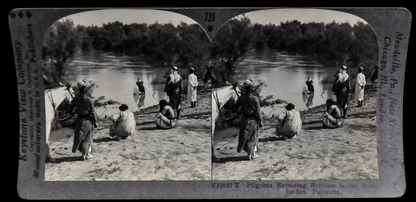 Antique Keystone Stereoview of Pilgrim Baptism in River Jordan, Palestine - No. V19691T - 1930s Rarer World Tour Series Palestine Photo Card