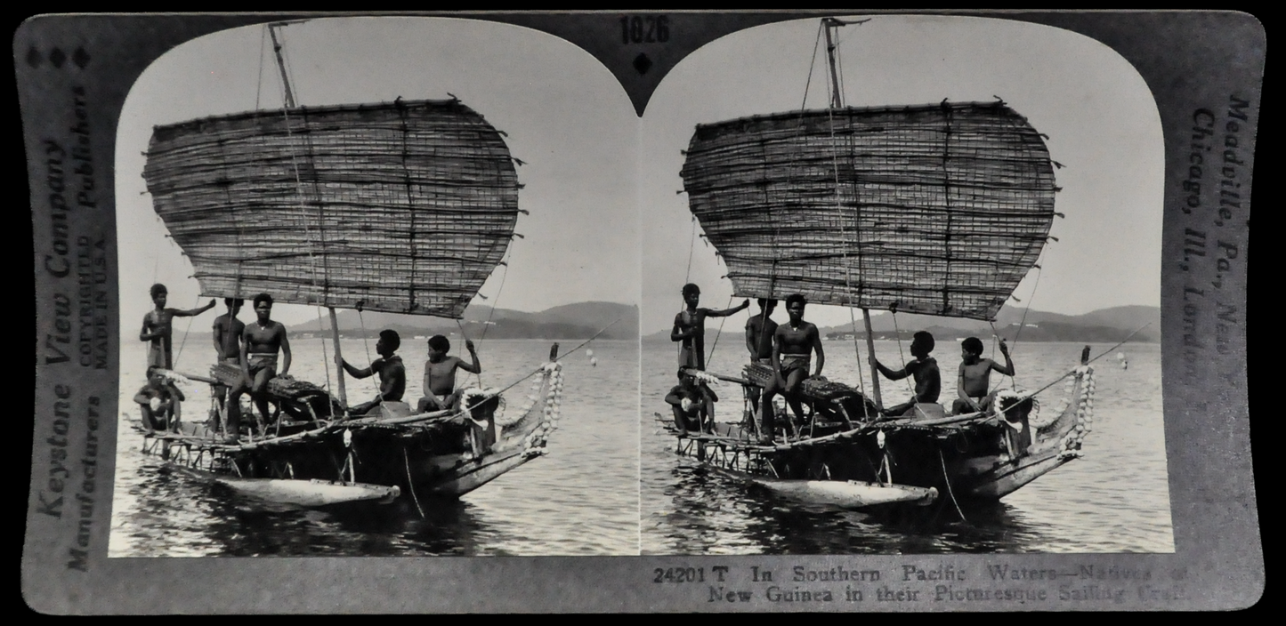 Antique Keystone Stereoview of New Guinea Natives Sailing in South Pacific - No. 24201T - 1920s World Tour Series New Guinea Photo Card