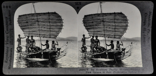 Antique Keystone Stereoview of New Guinea Natives Sailing in South Pacific - No. 24201T - 1920s World Tour Series New Guinea Photo Card