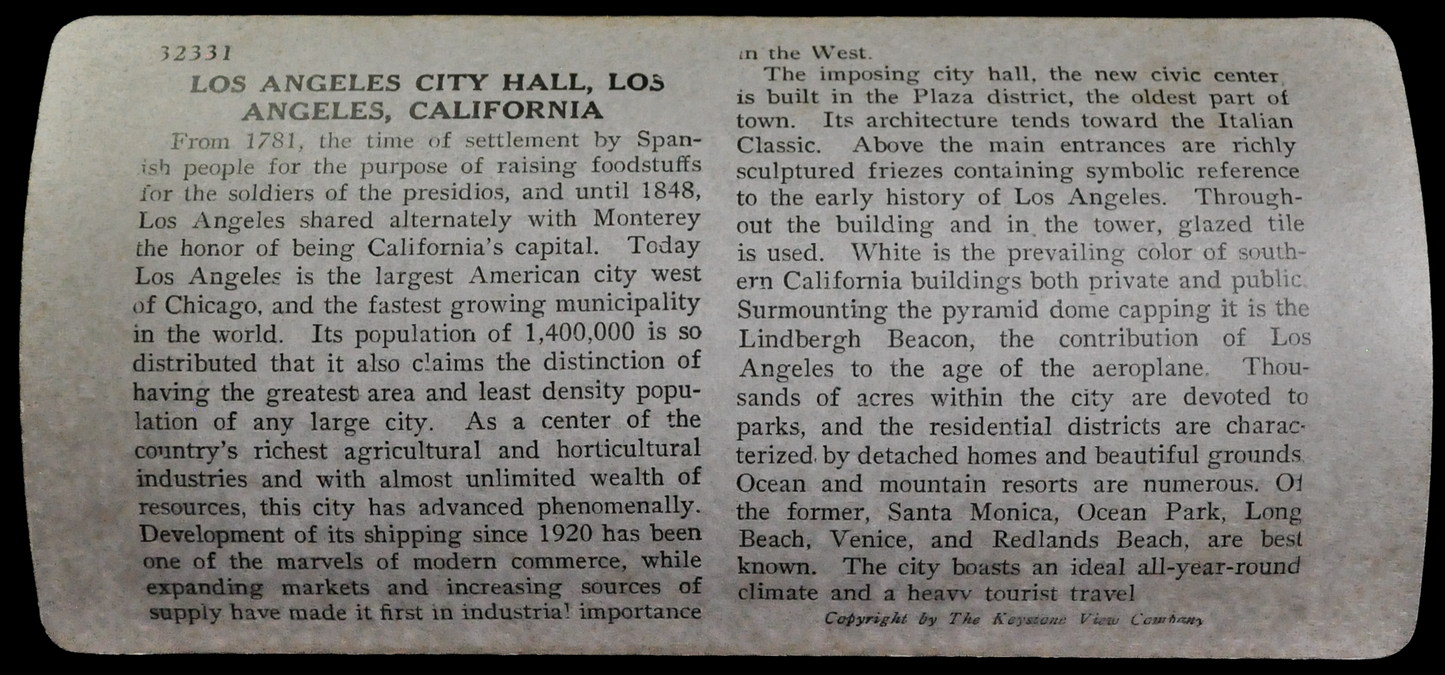 Antique Keystone Stereoview of Los Angeles City Hall in California - No. 32331T - 1920s World Tour Series LA City Hall Building Photo Card