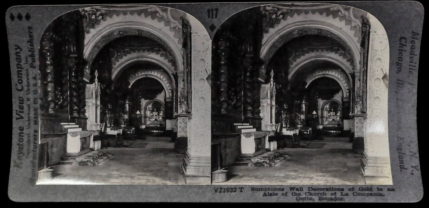 Keystone Stereoview of Decorated Aisle in Church of La Compania, Quito, Ecuador - No. V21932T - 1920s Ecuador Church Photo Card