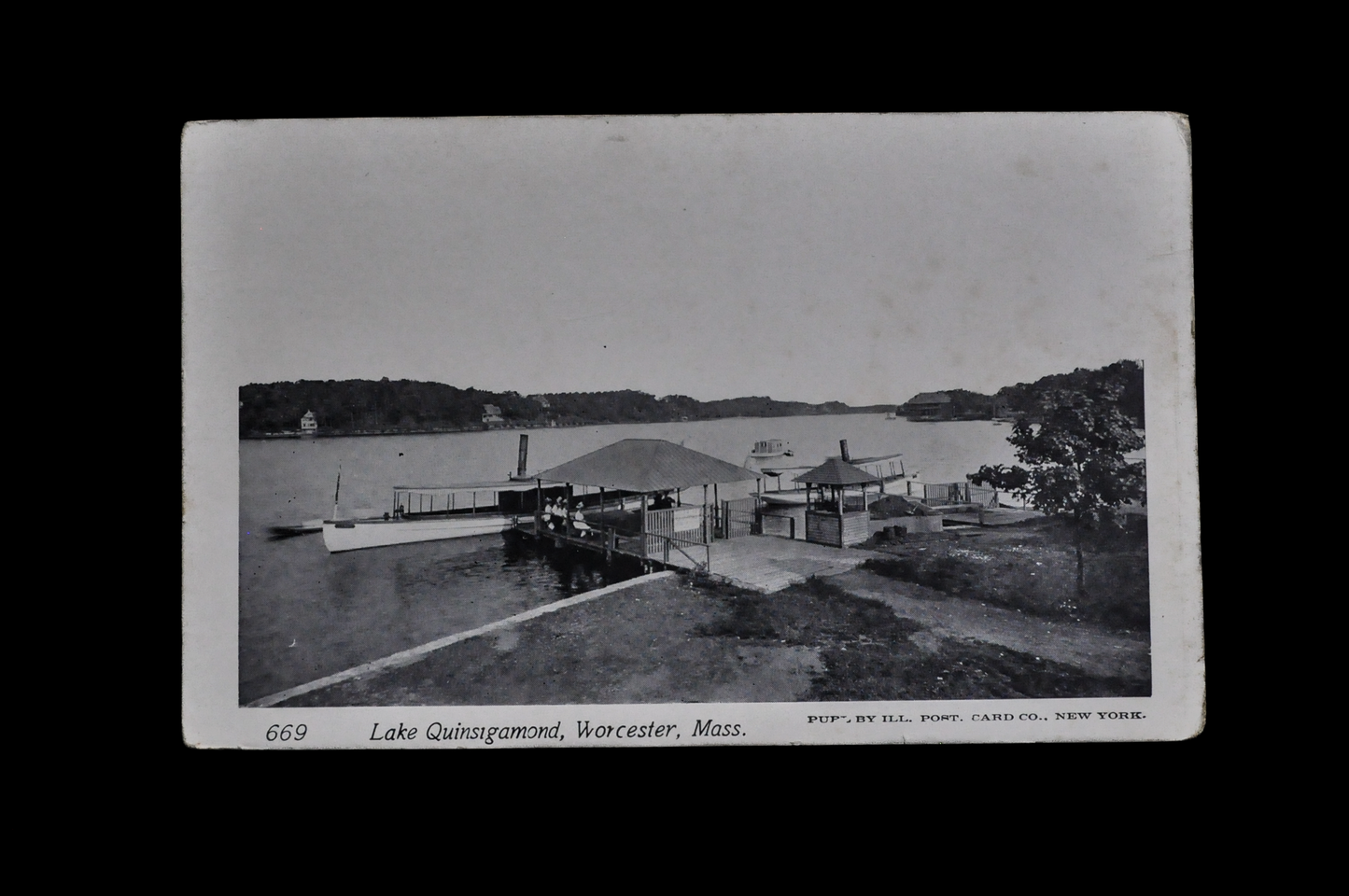 1900s Lake Quinsigamond, Worcester, Massachusetts Postcard - Unsent/Blank - Antique Black and White Lithograph MA Lake Postcard